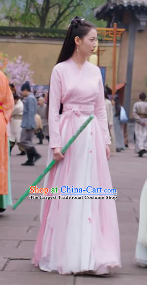 Chinese Ancient Swordswoman Pink Hanfu Dress Drama The Love Lasts Two Minds Costume and Headpiece for Women