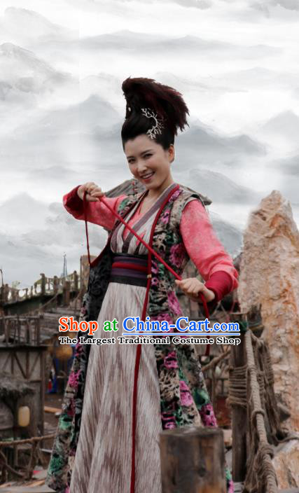 Chinese Ancient Villain Swordsman Tu Jiaojiao Hanfu Dress Drama Handsome Siblings Costume and Headpiece for Women