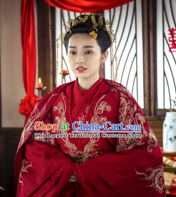 Chinese Historical Drama The Legend of Zu Ancient Princess Qi Lingyun Wedding Costume and Headpiece for Women