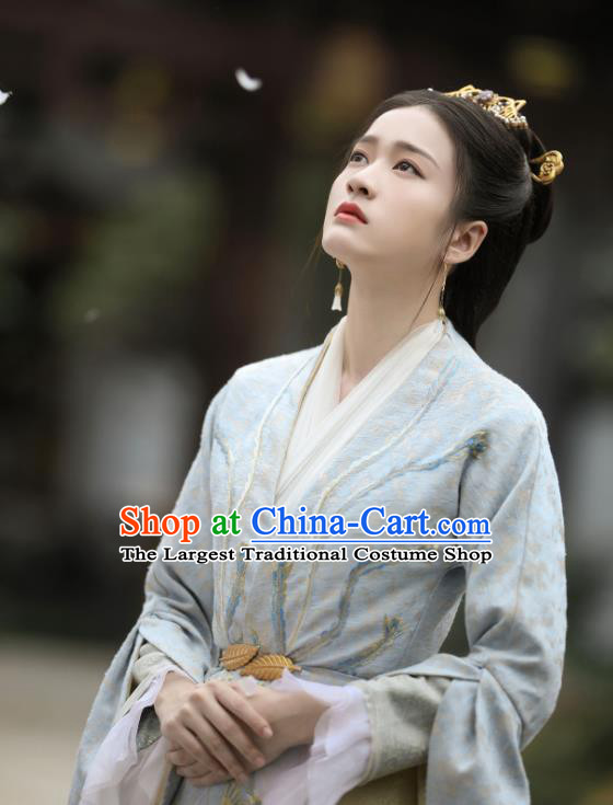 Chinese Ancient Palace Princess Rong Le Green Historical Drama Princess Silver Costume and Headpiece for Women