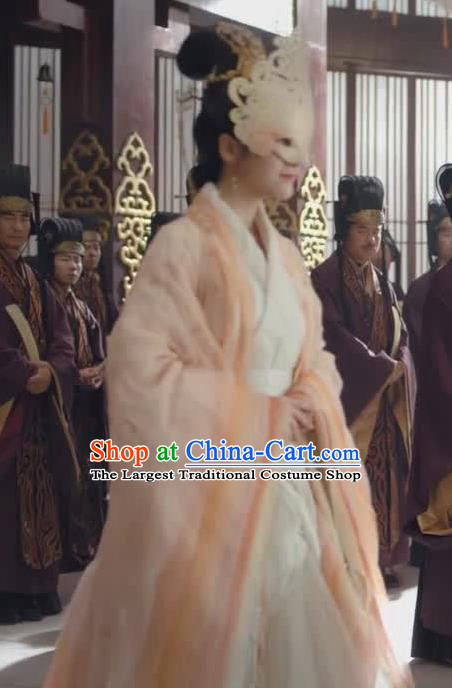 Chinese Ancient Royal Princess Rong Le Orange Hanfu Dress Historical Drama Princess Silver Pink Costume and Headpiece for Women