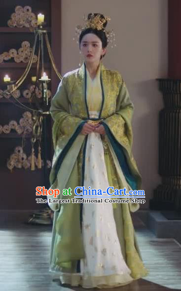 Chinese Ancient Royal Empress Rong Le Green Historical Drama Princess Silver Costume and Headpiece for Women