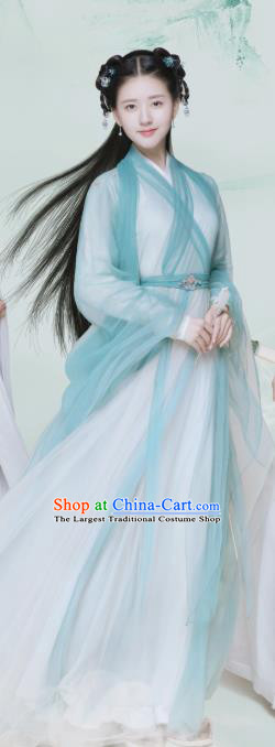 Chinese Historical Drama Love Better Than Immortality Ancient Female Swordsman Chun Hua Blue Costume and Headpiece for Women