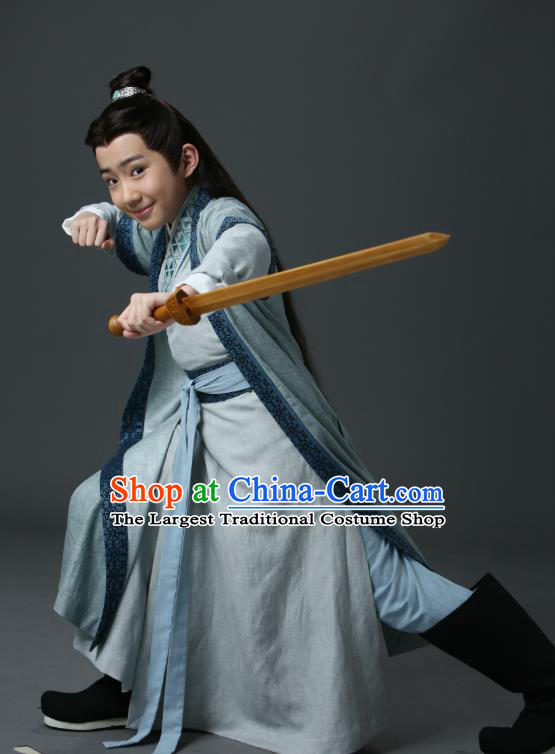 Listening Snow Tower Chinese Historical Drama Ancient Swordsman Qing Yu Costume and Headwear for Kids