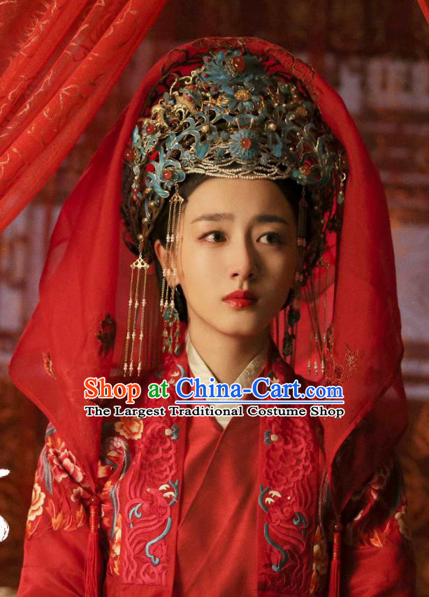 Chinese Ancient Ming Dynasty Wedding Red Dress Drama Under the Power Shangguan Xi Costume and Headpiece for Women