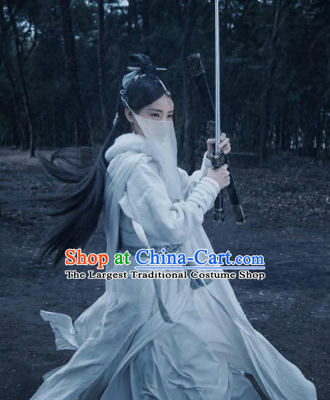 Chinese Ancient Female Swordsman White Dress Historical Drama Sword Dynasty Zhangsun Qianxue Costume and Headpiece for Women