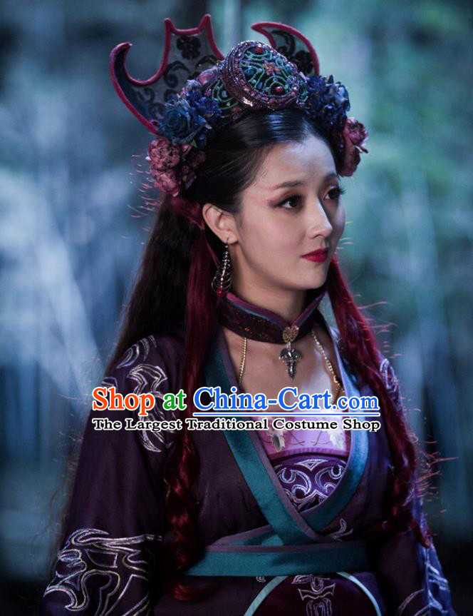 Chinese Ancient Demon Queen Mu Ziling Purple Dress Historical Drama Demon Catcher Costume and Headpiece for Women