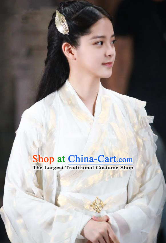 Chinese Ancient Goddess Maiden Luo Li White Dress Historical Drama The Great Ruler Nana Ouyang Costume and Headpiece for Women