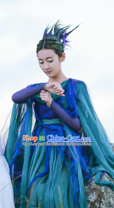 Chinese Ancient Fairy Jiu You Blue Dress Historical Drama The Great Ruler Costume and Headpiece for Women