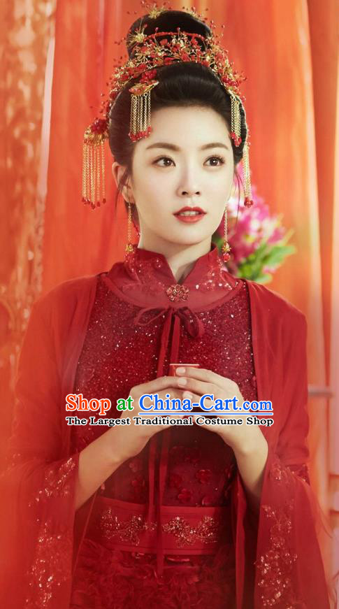 Chinese Ancient Noble Lady Ye Jiayao Wedding Red Dress Historical Drama Cinderella Chef Costume and Headpiece for Women