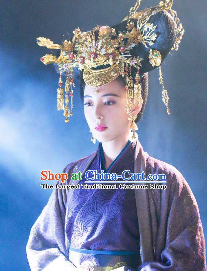 Chinese Ancient Han Dynasty Empress Lv Zhi Purple Dress Historical Drama Hero Dream Costume and Headpiece for Women