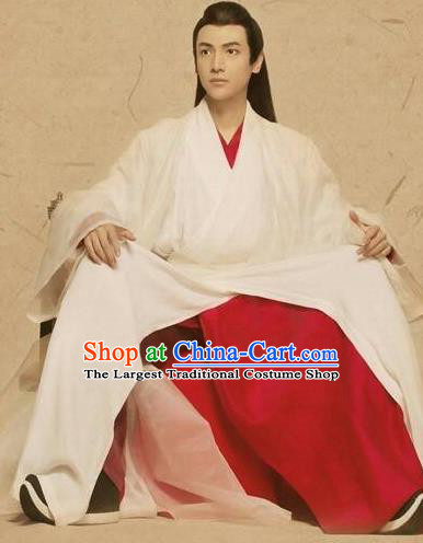 Chinese Ancient King White Apparel Clothing and Jade Hairpin Drama Pingli Fox Childe Yu Yan Costumes and Headwear