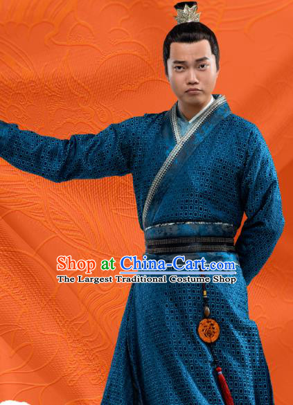 Chinese Ancient Swordsman Blue Clothing and Hairdo Crown Drama Oh My Emperor Costumes