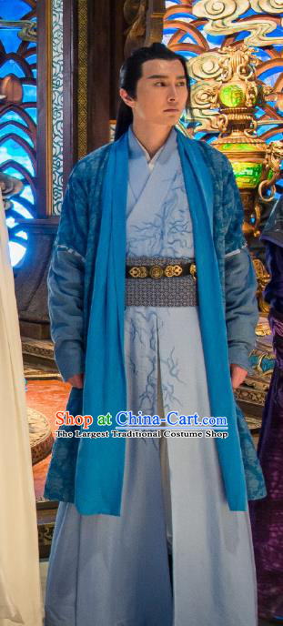 Chinese Ancient Swordsman Blue Hanfu Clothing and Headdress Drama The Taosim Crandmaster Costumes