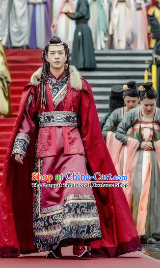 Chinese Ancient Ethnic Prince Clothing and Headwear Drama Tang Dynasty Tour A Shina Red Costumes