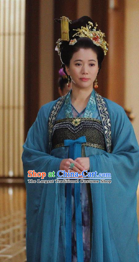 Chinese Ancient Court Empress Historical Costumes and Headwear Drama Tang Dynasty Tour Queen Zhangsun Blue Hanfu Dress