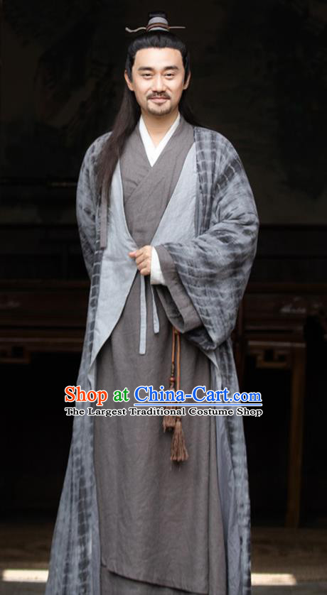 Chinese Ancient Martial Champion Clothing and Hair Crown Drama the Birth of the Dream King Swordsman Grey Costumes