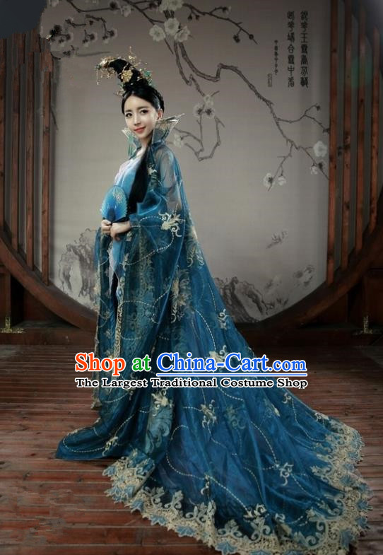 Chinese Ancient Princess Blue Costumes Historical Drama Cover the Sky Mei Yun Dress and Hairpins