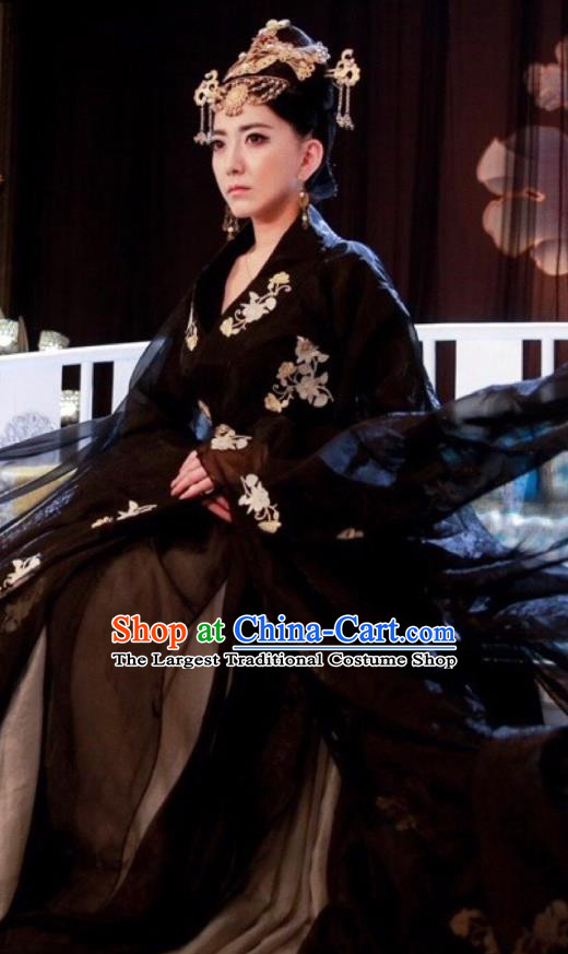 Chinese Ancient Empress Historical Costumes Drama Cover the Sky Queen Sang Ruo Black Hanfu Dress and Hair Jewelries