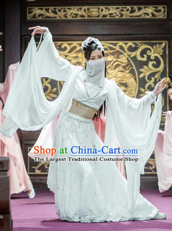 Chinese Ancient Dance Girl Historical Costumes Drama The Romance of Hua Rong White Hanfu Dress and Hair Jewelries