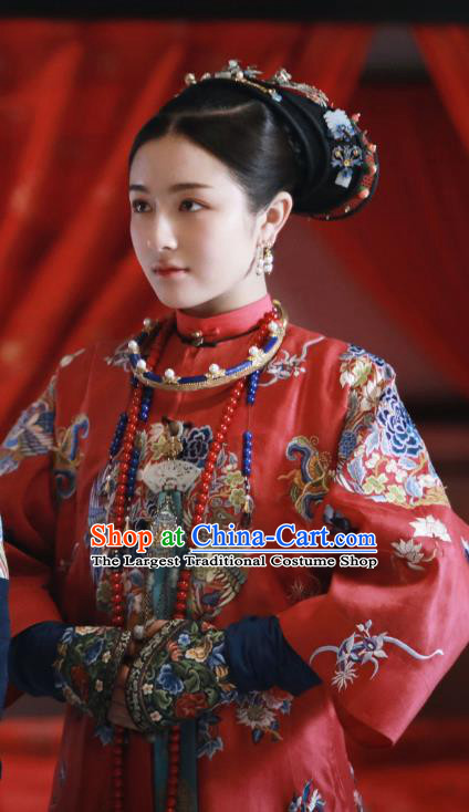 Chinese Ancient Garment Manchu Princess Consort Wedding Qipao Dress and Hair Jewelries Drama Dreaming Back to the Qing Dynasty Ming Wei Red Garment