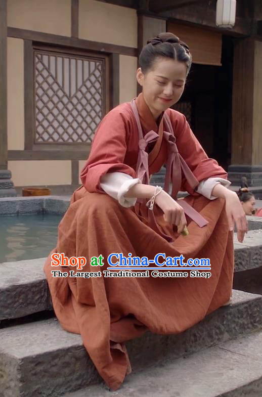 Chinese Ancient Maid Red Apparels Garment Hanfu Dress Drama To Get Her Maidservant Lin Zhengzheng Costumes and Headwear