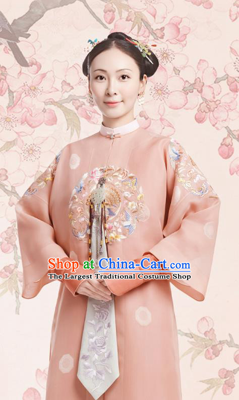 Chinese Ancient Royal Rani Garment Court Manchu Pink Qipao Dress and Headpieces Drama Dreaming Back to the Qing Dynasty Fourth Princess Consort Apparels Costumes