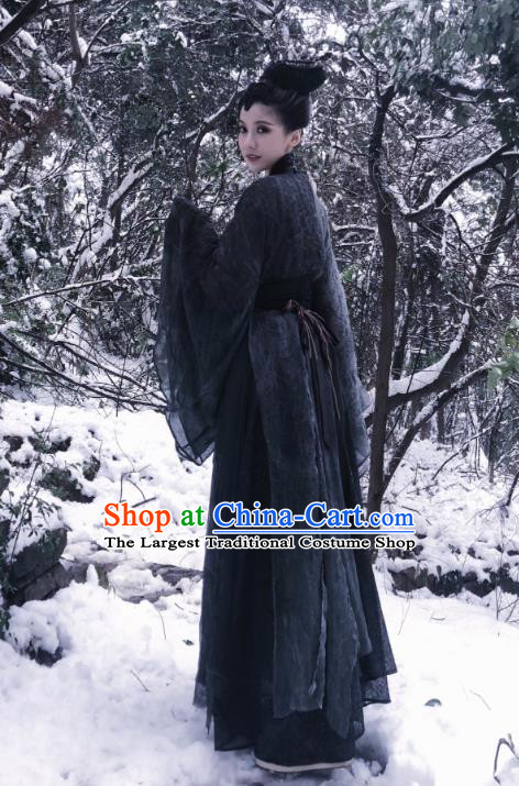 Chinese Ancient Female Swordsman Garment Costumes and Hair Accessories Drama I am A Pet At Dali Temple Chang Hen Black Dress