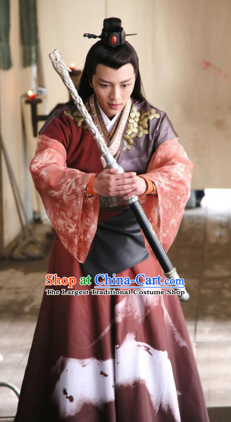Chinese Ancient Swordsman Garment Costumes and Hairdo Crown Drama Men With Sword Knight Gen Mochi Hanfu Apparels