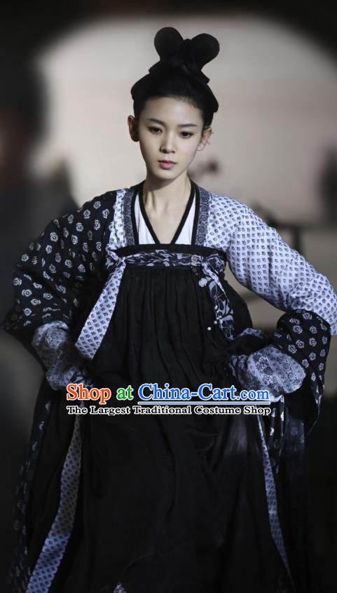 Chinese Ancient Tang Dynasty Black Hanfu Dress Apparels Costumes and Headpieces Drama Wu Xin The Monster Killer Court Maid Liu Qingluan Garment