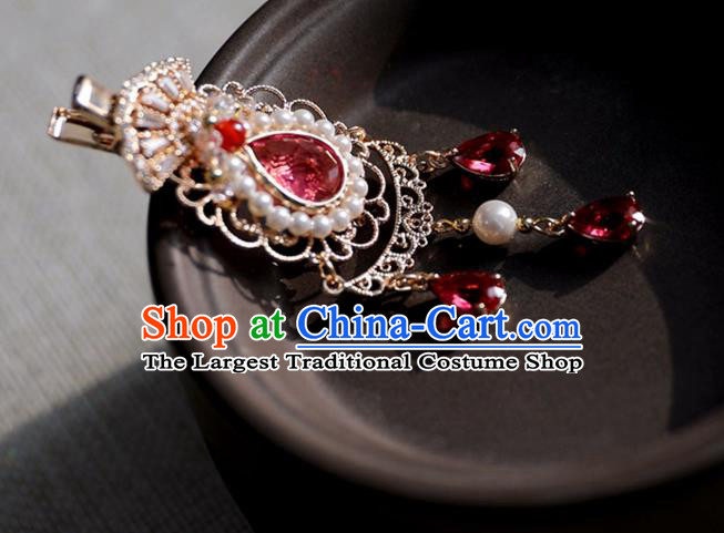 Chinese Ancient Red Crystal Hair Claws Jewelry Headwear Hair Accessories Tassel Pearls Hair Stick for Women