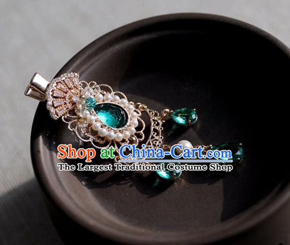Chinese Ancient Green Crystal Hair Claws Jewelry Headwear Hair Accessories Tassel Pearls Hair Stick for Women