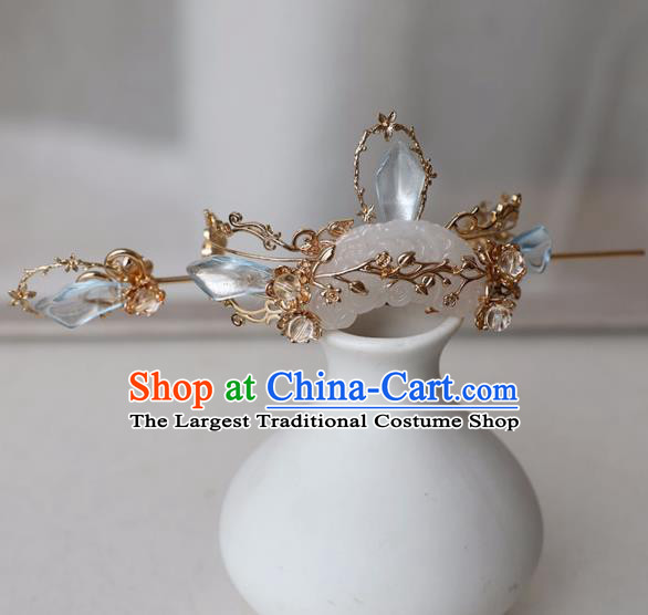 Chinese Ancient Hanfu Blue Crystal Golden Hair Crown Women Headwear Hairpin Jade Hair Accessories