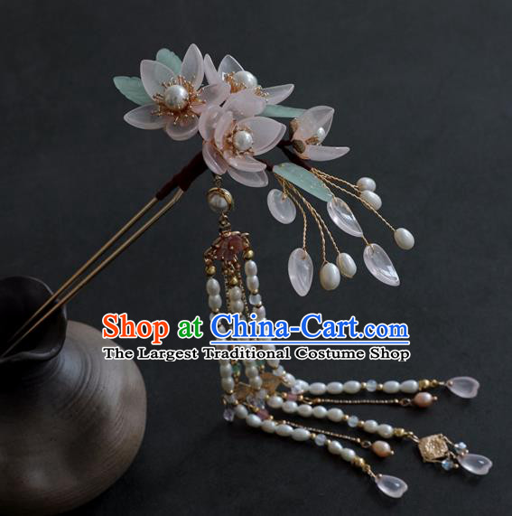 Chinese Ancient Women Pink Flowers Hair Clip Headwear Pearls Tassel Hairpin Hanfu Hair Accessories
