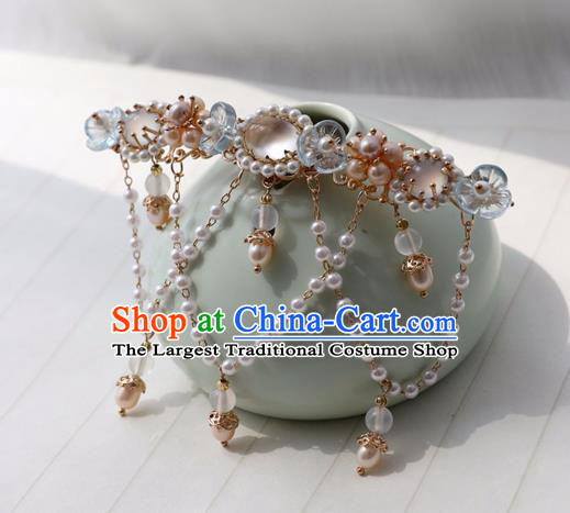 Chinese Ancient Women Blue Plum Hairpin Hair Clip Headwear Hair Accessories Pearls Tassel Hanfu Hair Crown