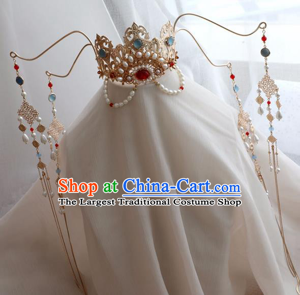 Chinese Ancient Women Hairpin Golden Hair Crown Headwear Hair Accessories Pearls Tassel Hanfu Phoenix Coronet