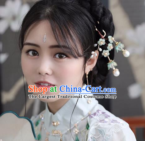 Chinese Ancient Women Green Beads Plum Hairpin Headwear Hair Accessories Hanfu Hair Clip