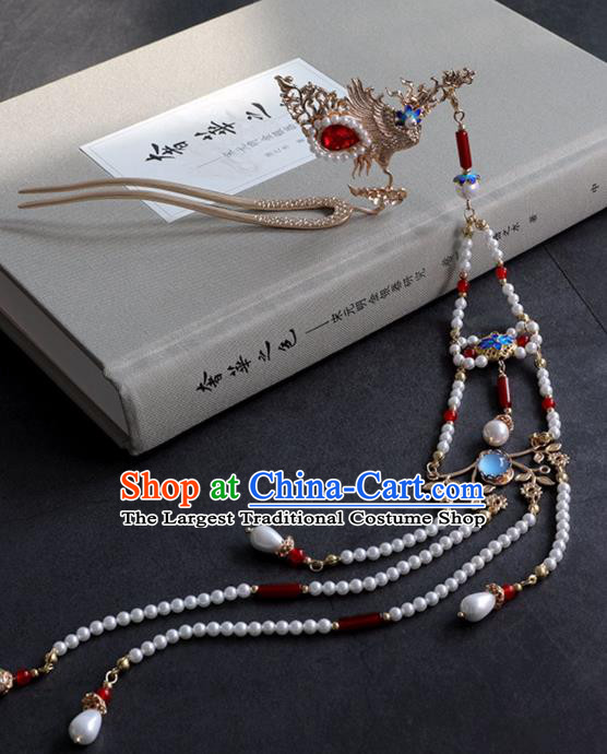 Chinese Ancient Hanfu Agate Beads Tassel Hair Clip Women Headwear Phoenix Hairpin Hair Accessories
