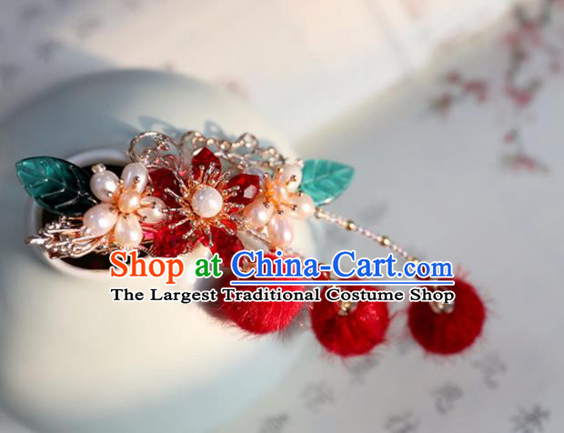 Chinese Ancient Red Venonat Hair Claws Headwear Women Hair Accessories Ming Dynasty Pearls Hair Stick