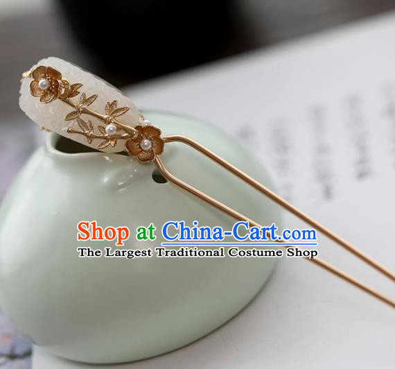 Chinese Ancient Women Bamboo Jade Hair Clips Golden Hairpin Headwear Hanfu Hair Accessories