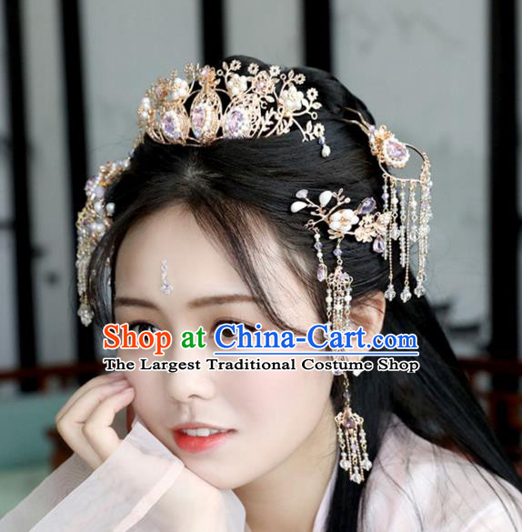 Chinese Ancient Purple Crystal Hair Crown Headwear Women Hair Accessories Ming Dynasty Pearls Hairpin Hair Comb