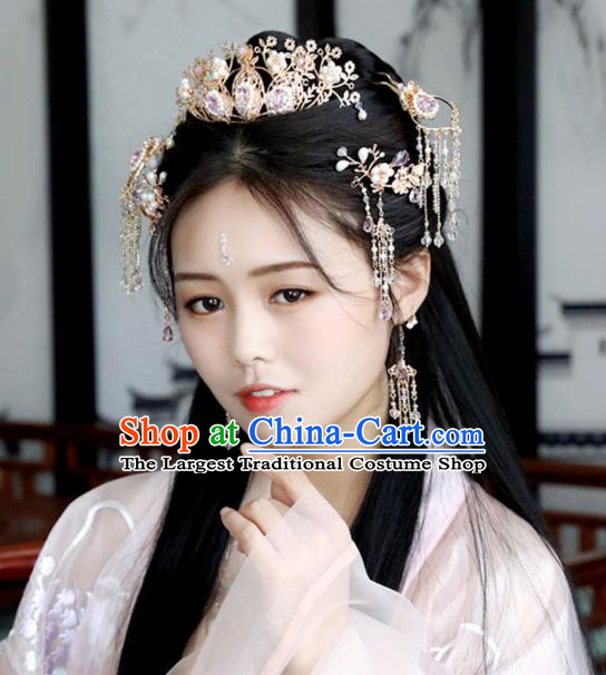 Chinese Ancient Purple Crystal Hair Crown Headwear Women Hair Accessories Ming Dynasty Pearls Hairpin Hair Comb