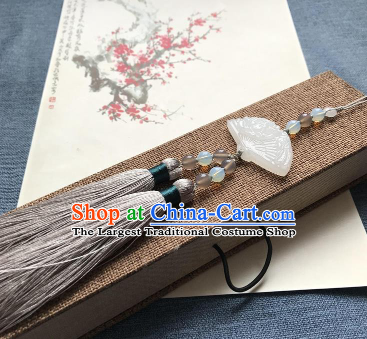 Chinese Ancient Hanfu Carving Fan Jade Grey Tassel Pendant Waist Accessories Jade Lappet Jewelry