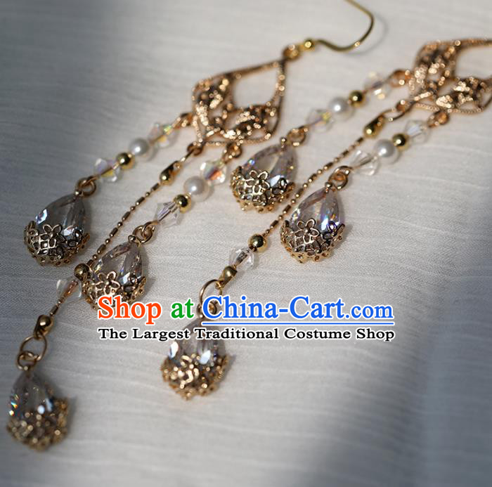 Chinese Ancient Hanfu Zircon Earrings Women Jewelry Golden Tassel Ear Accessories