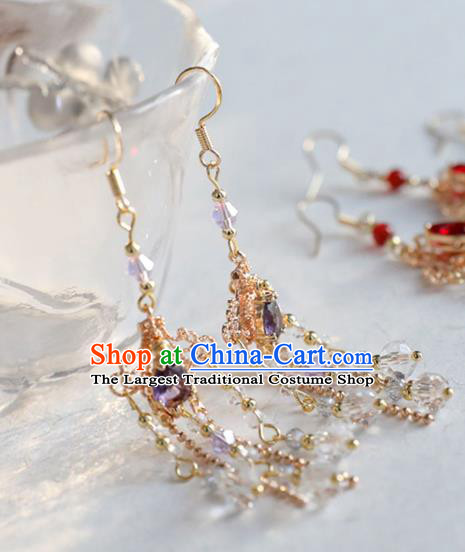 Chinese Ancient Hanfu Purple Crystal Earrings Women Jewelry Ming Dynasty Golden Ear Accessories