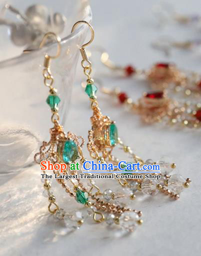 Chinese Ancient Hanfu Green Crystal Earrings Women Jewelry Ming Dynasty Golden Ear Accessories