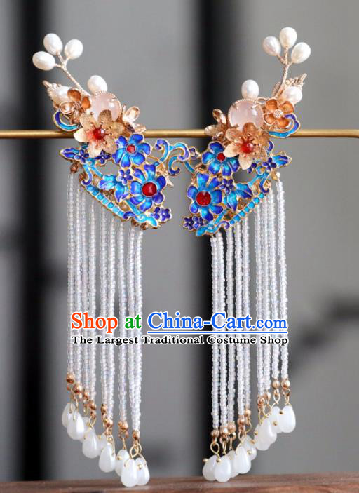Chinese Ancient Cloisonne Tassel Hair Claws Headwear Women Hair Accessories Ming Dynasty Court Hair Stick Hairpin