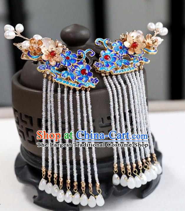 Chinese Ancient Cloisonne Tassel Hair Claws Headwear Women Hair Accessories Ming Dynasty Court Hair Stick Hairpin