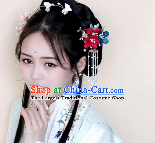 Chinese Ancient Red Silk Flowers Hair Claws Ming Dynasty Headwear Women Hair Accessories Tassel Hair Stick Hairpin