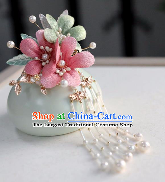Chinese Ancient Rosy Silk Flowers Hair Claws Ming Dynasty Headwear Women Hair Accessories Tassel Hair Stick Hairpin